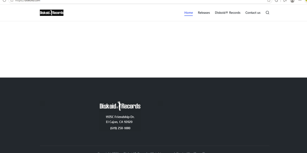Diskoid Records footer showing logo and contact